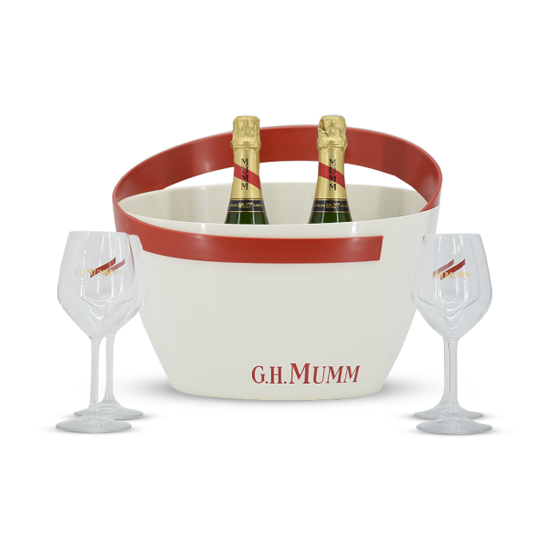 2 Flaschen Mumm Brut Cordon Rouge mit beiger Kühler und 4 Gläser